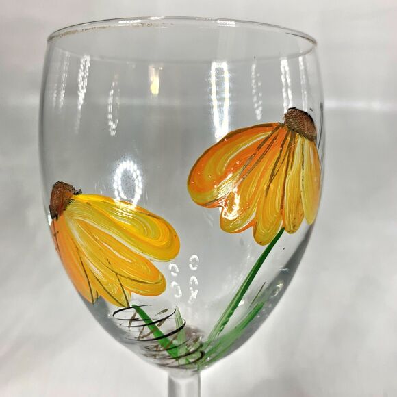 Hand Painted Sunflower Wine Glasses Artist Signed Goblets Cottage Core Floral - Picture 4 of 7